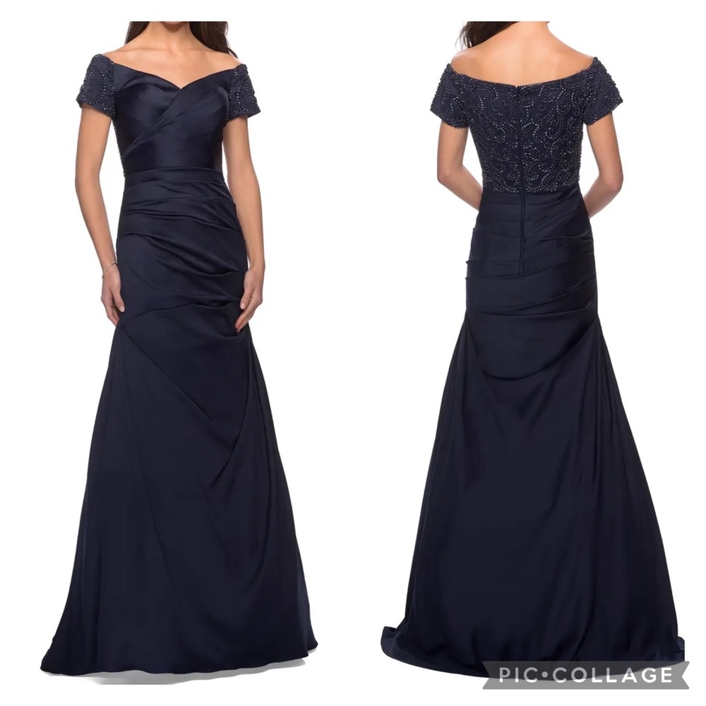 La Femme 25996 Off The Shoulder Beaded Satin‎ Trumpet Gown Navy 4